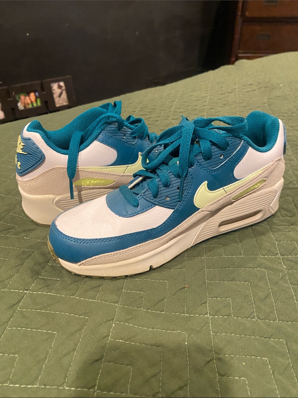 Kids Teal and White Athletic Sneakers with Lime Accent